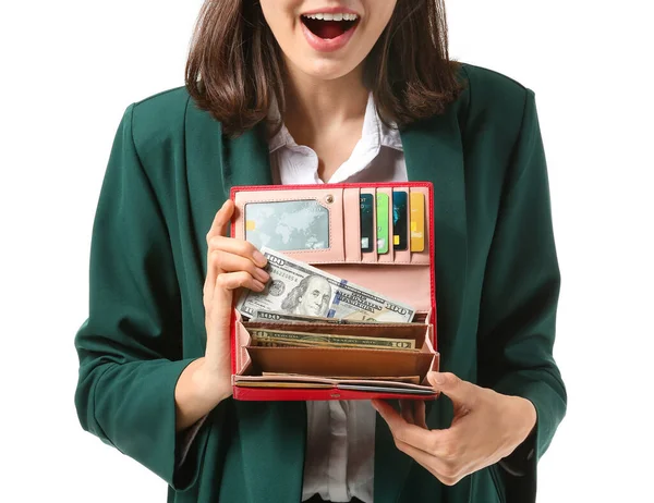 Young Woman Wallet White Background — Stock Photo, Image