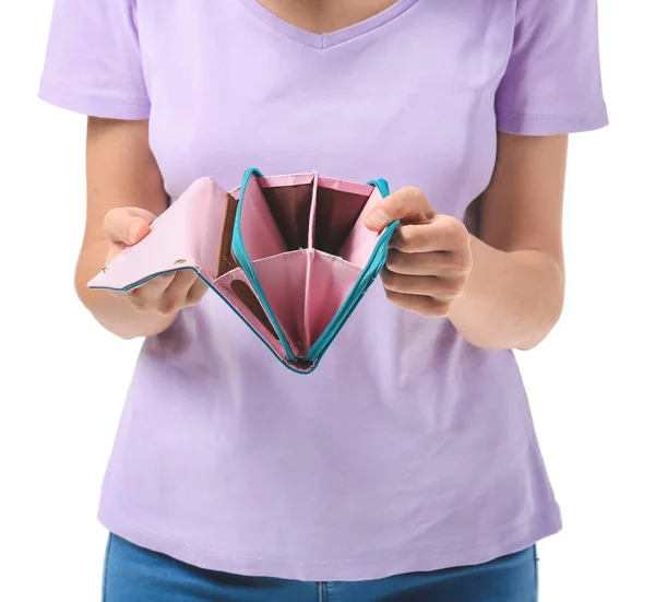 Young Woman Empty Wallet White Background — Stock Photo, Image