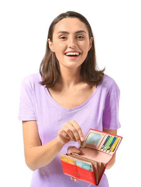 Junge Frau Mit Geldbörse Auf Weißem Hintergrund — Stockfoto