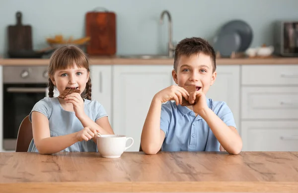 Cute Little Children Eating Melted Chocolate Kitchen — Stock Photo, Image