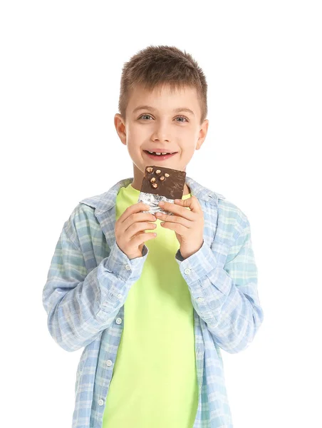 Cute Little Boy Eating Chocolate White Background — Stock Photo, Image