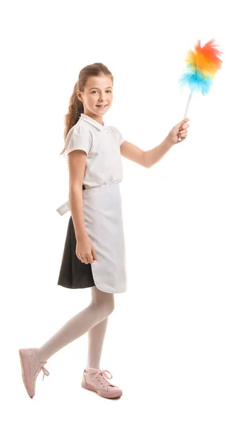 Nettes Kleines Zimmermädchen Auf Weißem Hintergrund — Stockfoto