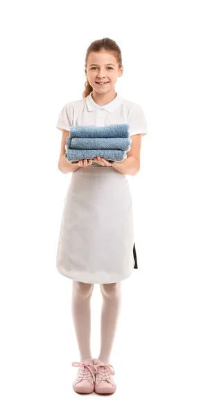 Cute Little Chambermaid Clean Towels White Background — Stock Photo, Image