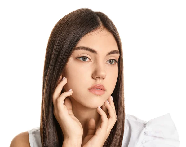 Junge Frau Mit Schönen Glatten Haaren Auf Weißem Hintergrund — Stockfoto