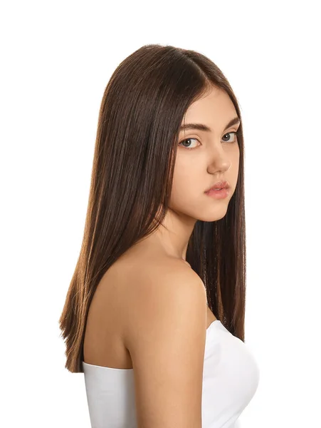 Junge Frau Mit Schönen Glatten Haaren Auf Weißem Hintergrund — Stockfoto