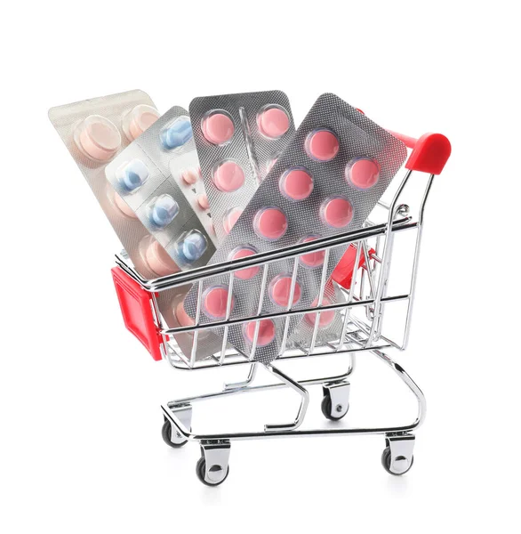 Small Shopping Cart Pills White Background — Stock Photo, Image