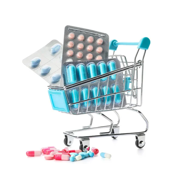 Kis Bevásárlókosár Tablettákkal Fehér Alapon — Stock Fotó