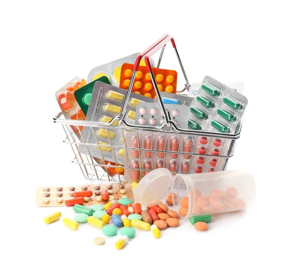 Small Shopping Basket Pills White Background — Stock Photo, Image