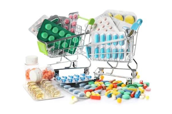 Small Shopping Carts Pills White Background — Stock Photo, Image