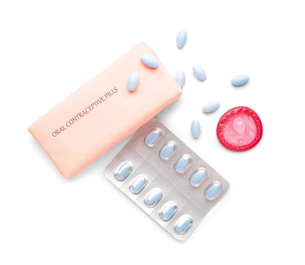 Contraceptive Pills Condom White Background — Stock Photo, Image
