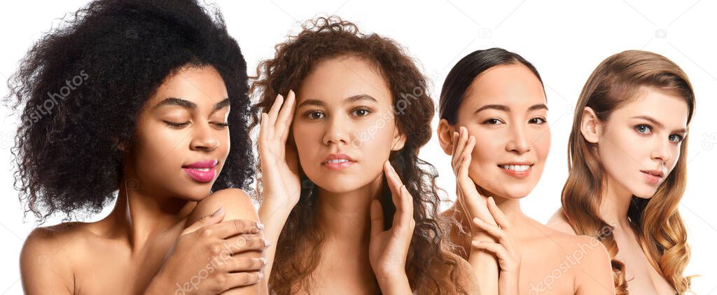 Young women with beautiful makeup on white background