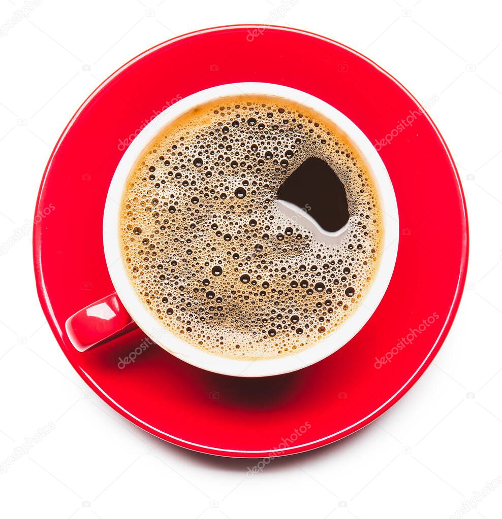 Cup of hot coffee on white background, top view