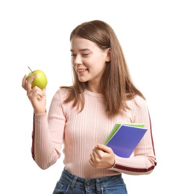 Beyaz arkaplanda elma olan gözbebeği