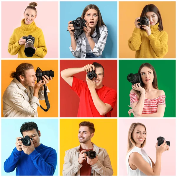 Collage Fotos Con Diferentes Jóvenes Fotógrafos —  Fotos de Stock