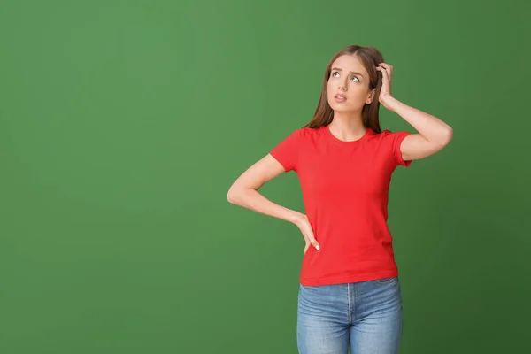 Thoughtful Young Woman Color Background Concept Choice — ストック写真