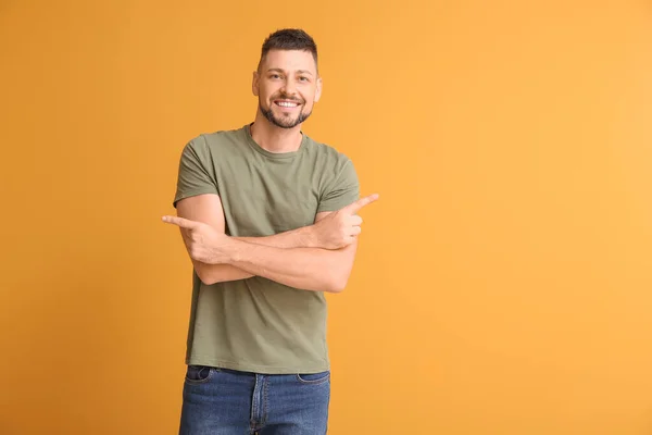 Man Pointing Different Directions Color Background Concept Choice — Stock Photo, Image