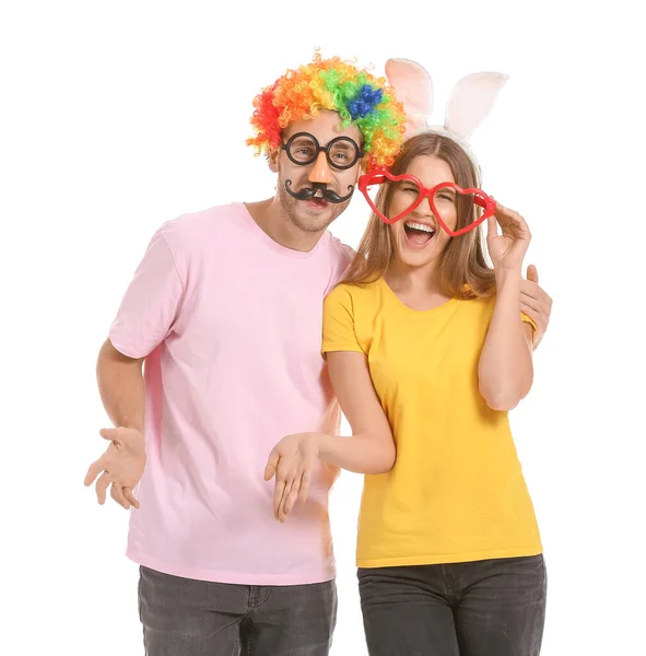 People Funny Disguise White Background April Fools Day Celebration — Stock Photo, Image