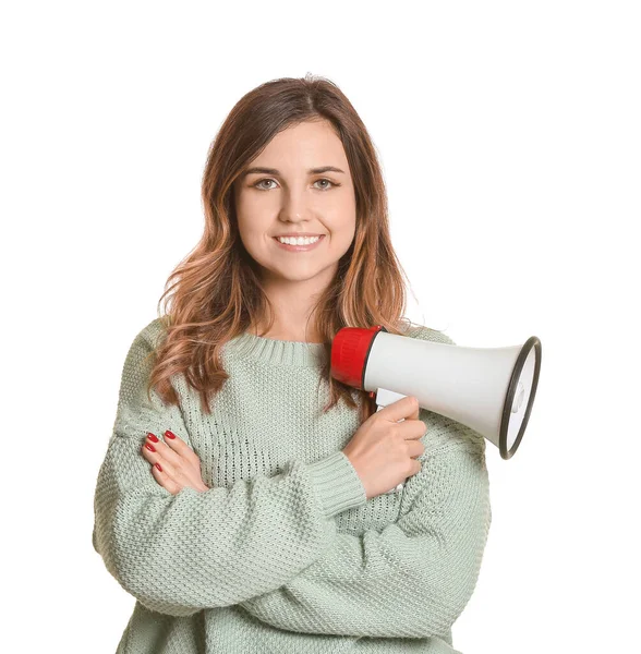 Jonge Vrouw Met Megafoon Witte Achtergrond — Stockfoto