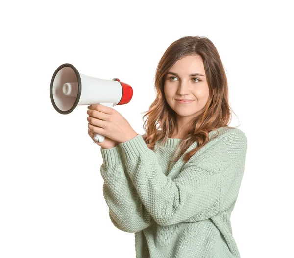 Jonge Vrouw Met Megafoon Witte Achtergrond — Stockfoto