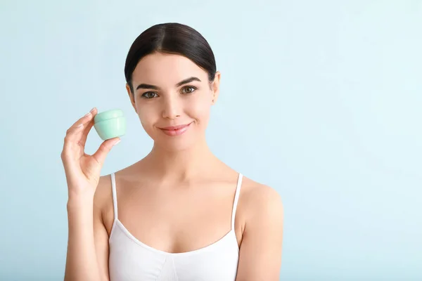 Beautiful Young Woman Cream Color Background — Stock Photo, Image