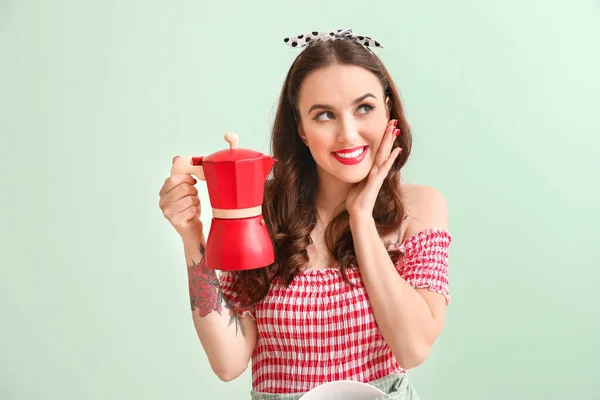 Beautiful Housewife Coffee Pot Color Background — Stock Photo, Image