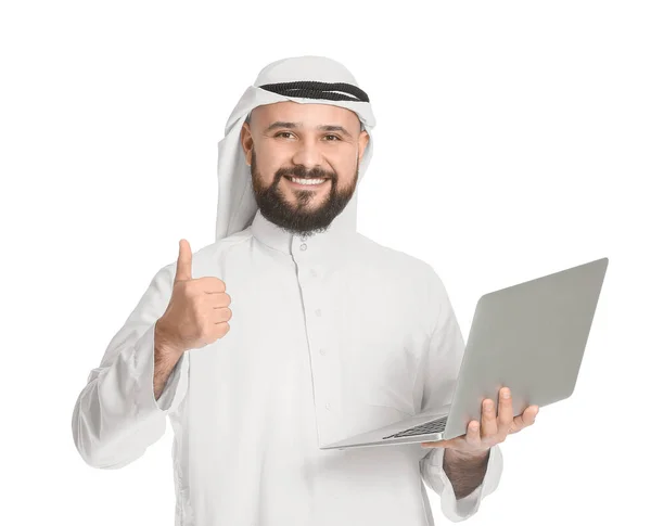 Arabische Zakenman Met Laptop Witte Achtergrond — Stockfoto