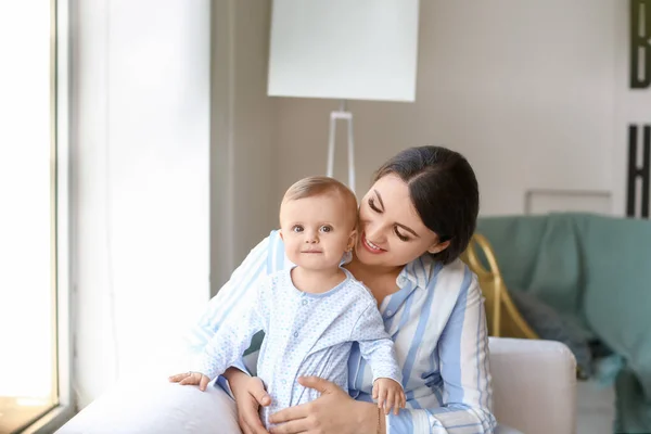 Happy Mother Cute Little Baby Home — Stock Photo, Image