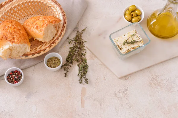 Tasty Feta Cheese Herbs Oil Bread White Background — Stock Photo, Image