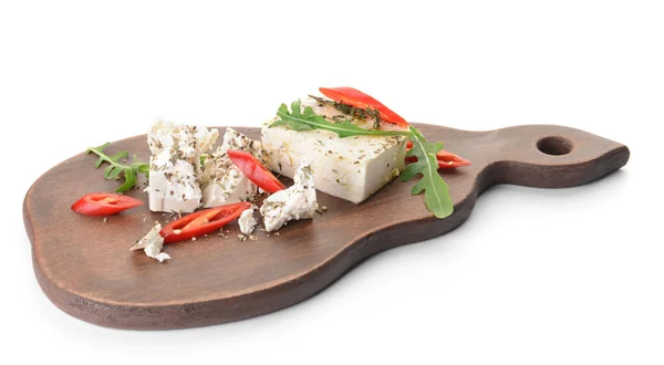 Board Tasty Feta Cheese Herbs Chili Pepper White Background — Stock Photo, Image