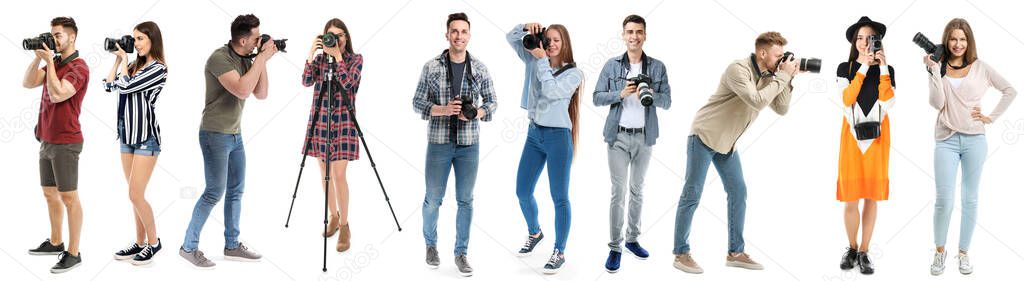Different young photographers on white background