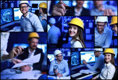 Geceleri ofiste çalışan mühendislerle fotoğraf kolajı.