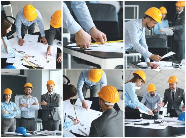 Ofiste çalışan mühendislerle fotoğraf kolajı