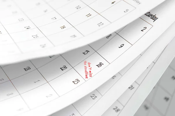 Paper Calendar Text Don Miss Deadline Closeup — Stock Photo, Image