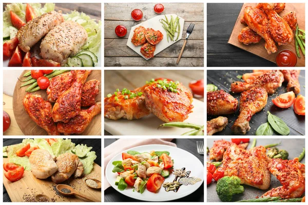 Collage of photos with cooked chicken meat and vegetables