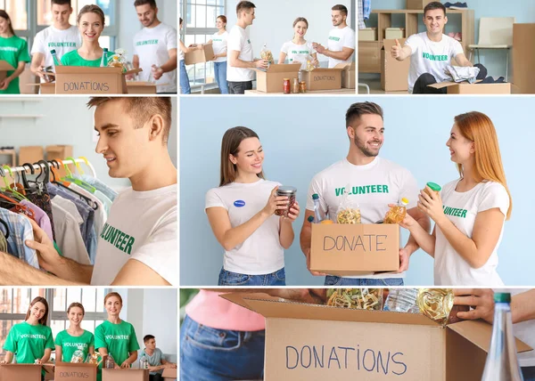 Collage Photos Volunteers Donations Poor People — Stock Photo, Image