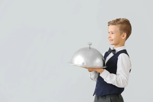 Cute Little Waiter Light Background — Stock Photo, Image