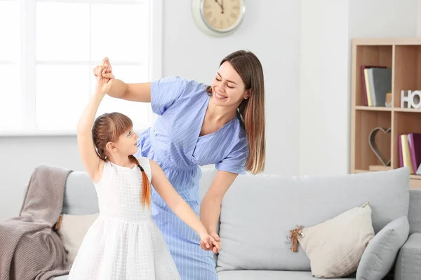 Happy Mother Her Little Daughter Dancing Home — Stock Photo, Image