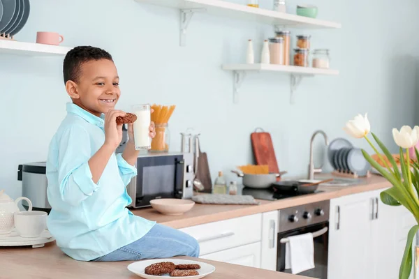 African American Boy Drinking Milk Eating Cookies Kitchen — Stock Photo, Image