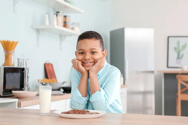 African American Boy Drinking Milk Eating Cookies Kitchen — Stock Photo, Image