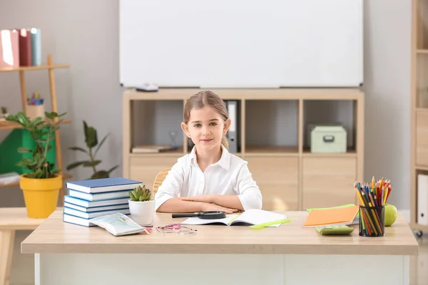 Cute Little Schoolgirl Desk Classroom — Stock Photo, Image