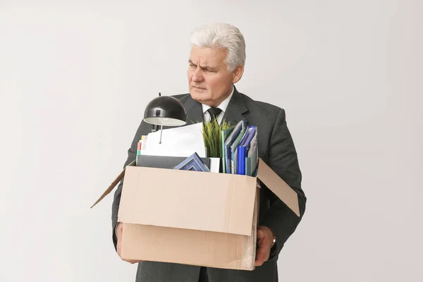 Sad Fired Mature Man Personal Stuff Light Background — Stock Photo, Image