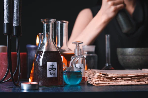 Glassware Potions Table Alchemist — Stock Photo, Image