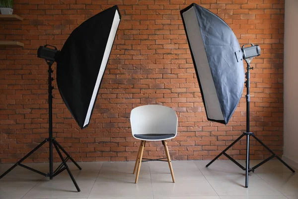 Interieur Van Moderne Fotostudio Met Bakstenen Muur — Stockfoto