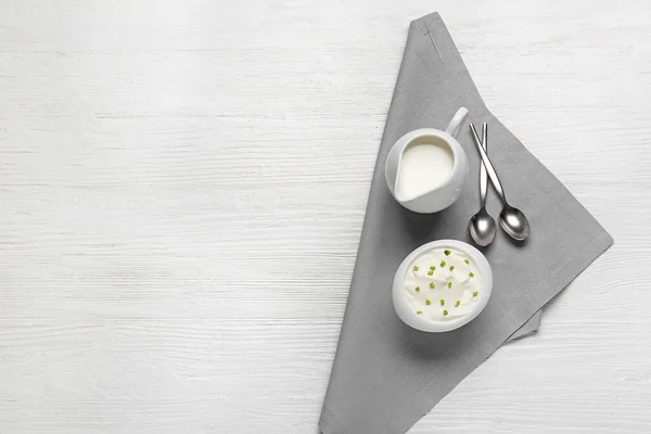 Bowl Tasty Sour Cream Milk Table — Stock Photo, Image