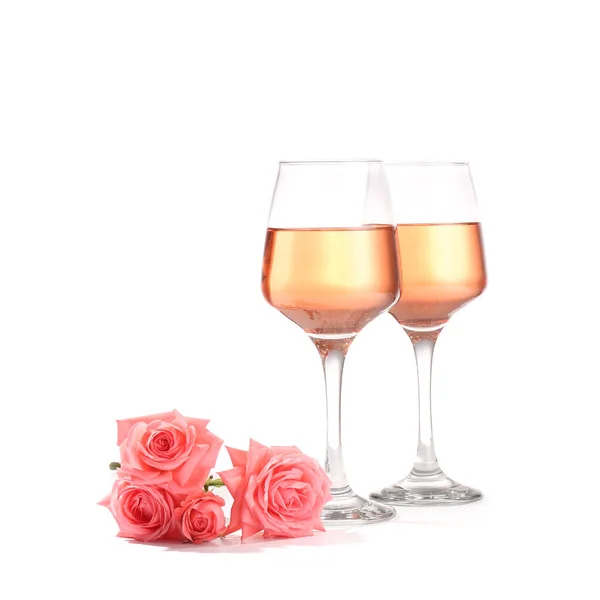 Glasses Wine Rose Flowers White Background — Stock Photo, Image