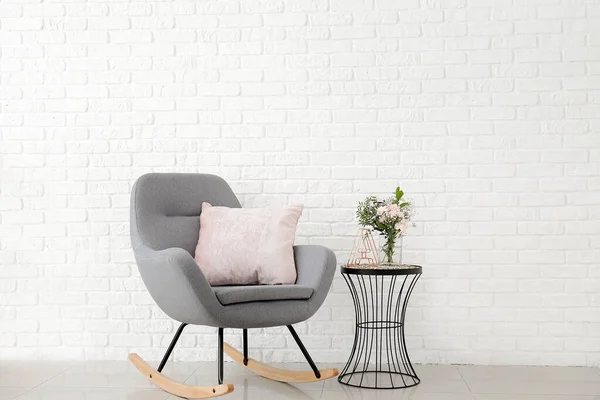 Interior Modern Room Comfortable Armchair Table Spring Flowers Brick Wall — Stock Photo, Image