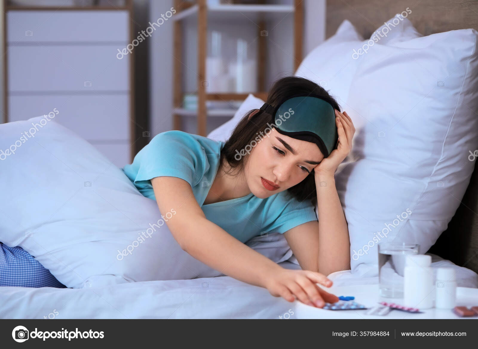 Young Woman Pills Insomnia Bedroom Stock Photo by ©serezniy 357984884