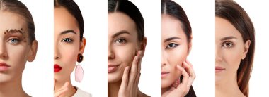 Beyaz arka planda güzel makyajlı zarif genç kadınlar.