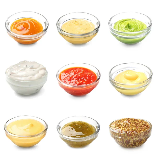Different Tasty Sauces Bowls White Background — Stock Photo, Image