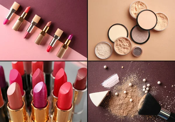 Kolaż Zdjęć Różnymi Produktami Kosmetycznymi — Zdjęcie stockowe